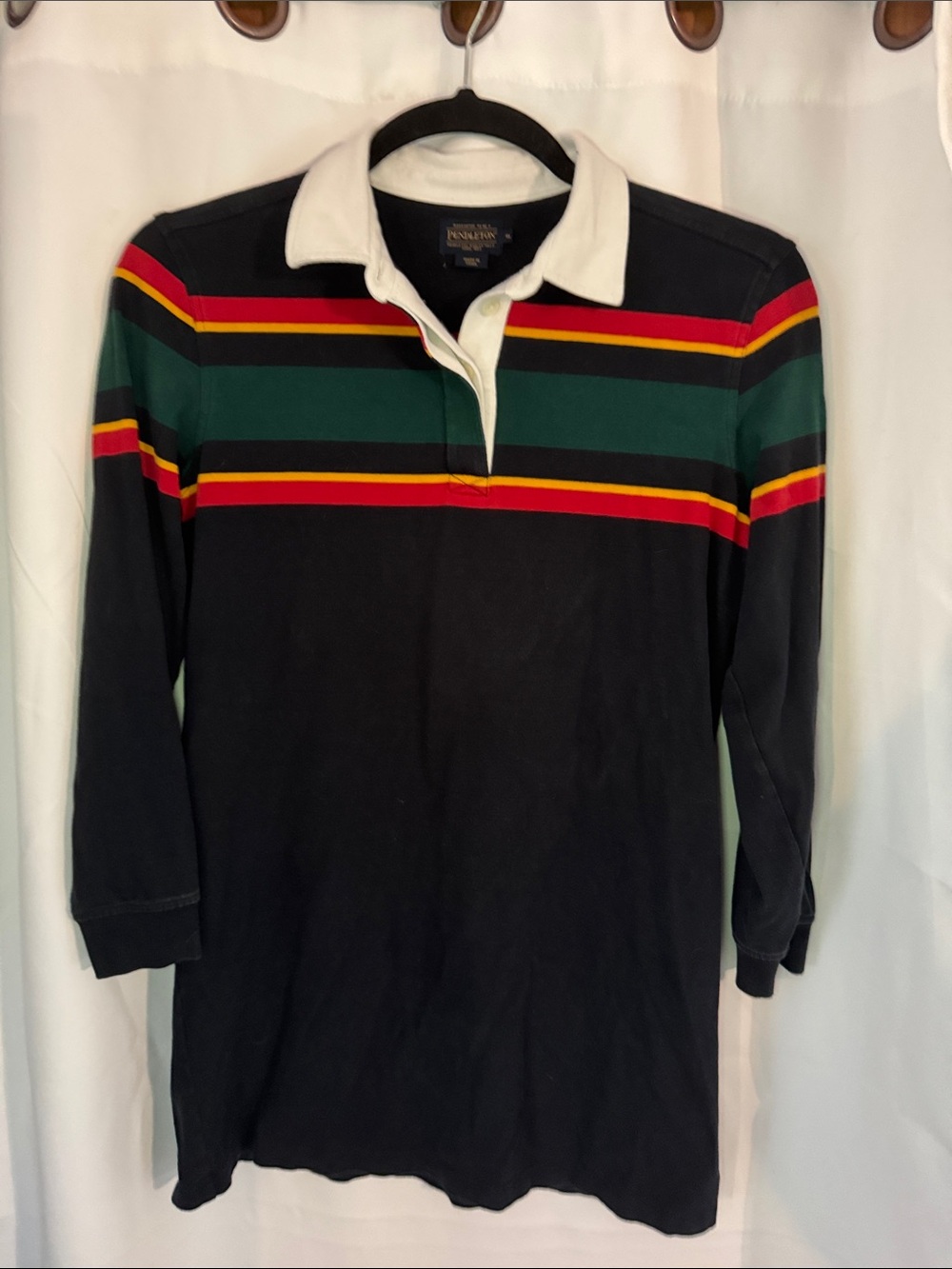 Pendleton Navy Blue Rugby Shirt with Green, Red and Yellow Stripes size Medium